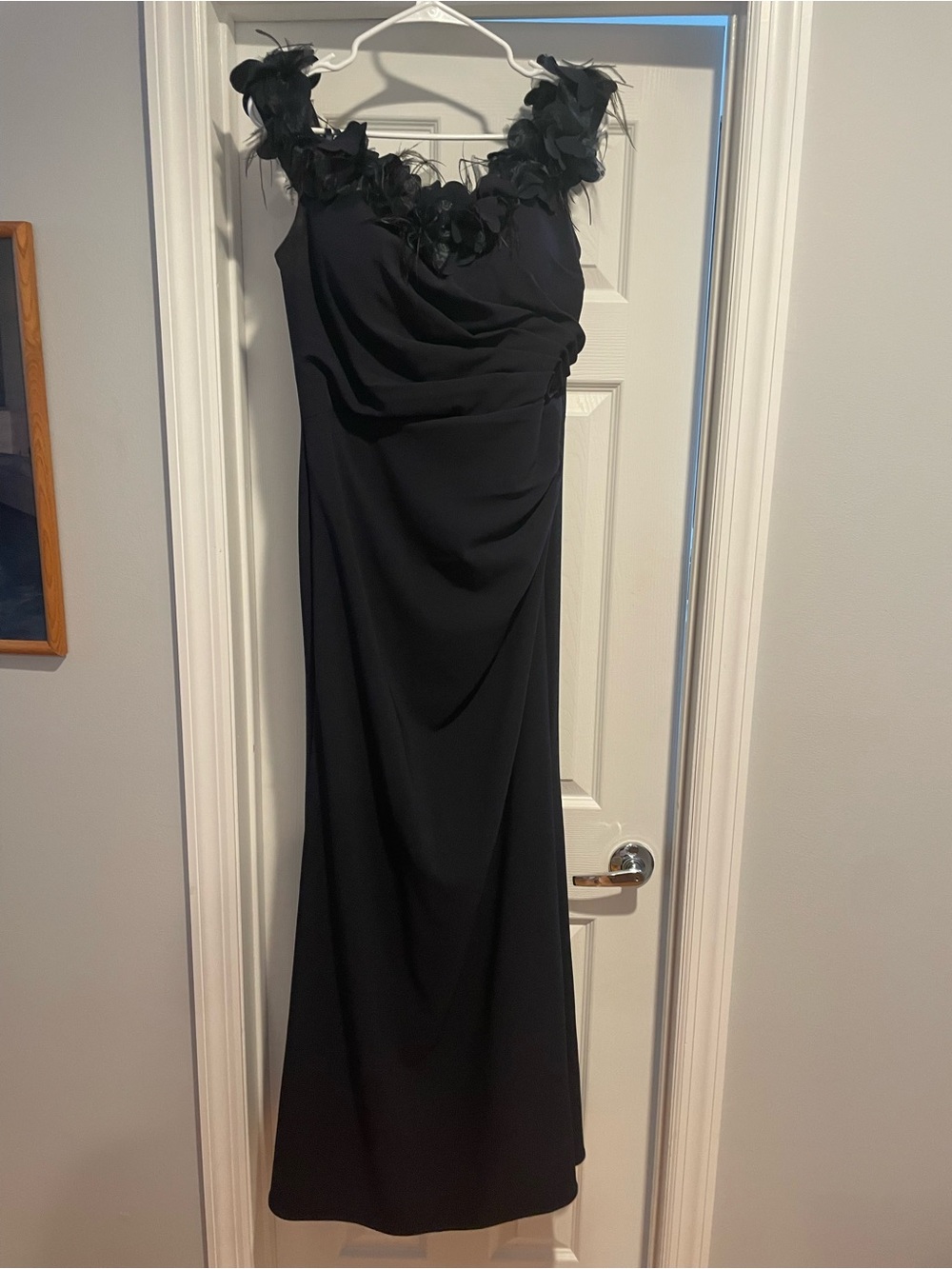 Elegant Navy Blue  Floral-Trim Evening Gown Mother of the Bride